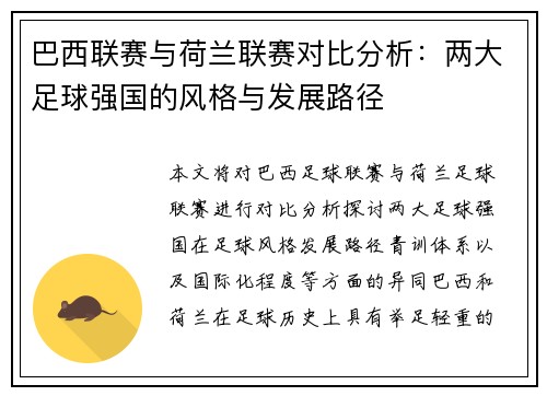 巴西联赛与荷兰联赛对比分析：两大足球强国的风格与发展路径