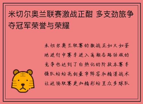 米切尔奥兰联赛激战正酣 多支劲旅争夺冠军荣誉与荣耀