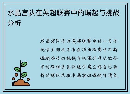 水晶宫队在英超联赛中的崛起与挑战分析