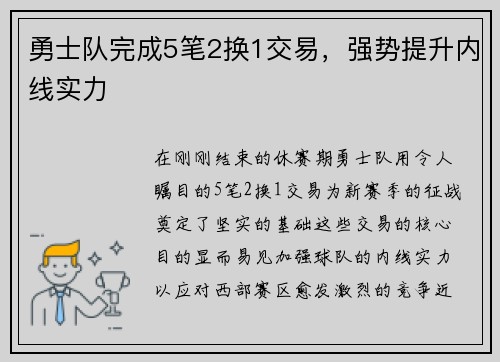 勇士队完成5笔2换1交易，强势提升内线实力